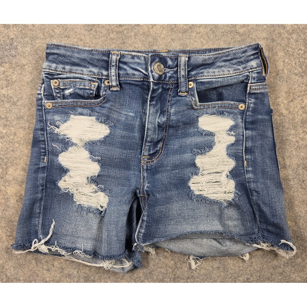 American Eagle Hi-Rise Shortie Distressed Denim Jean Shorts Size 2 Medium Wash